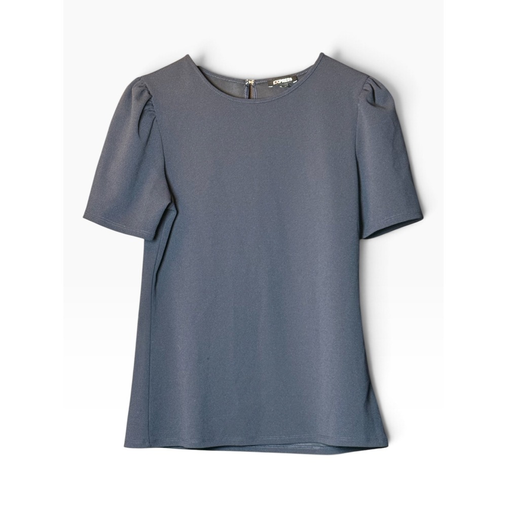 Express Womens Small Blue Puff Sleeve Blouse Stretch Crew Neck Keyhole Back Top